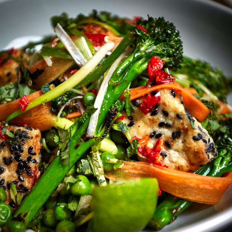 Asian Peas, Tenderstem Broccoli and Tofu Salad with Black Sesame Seeds