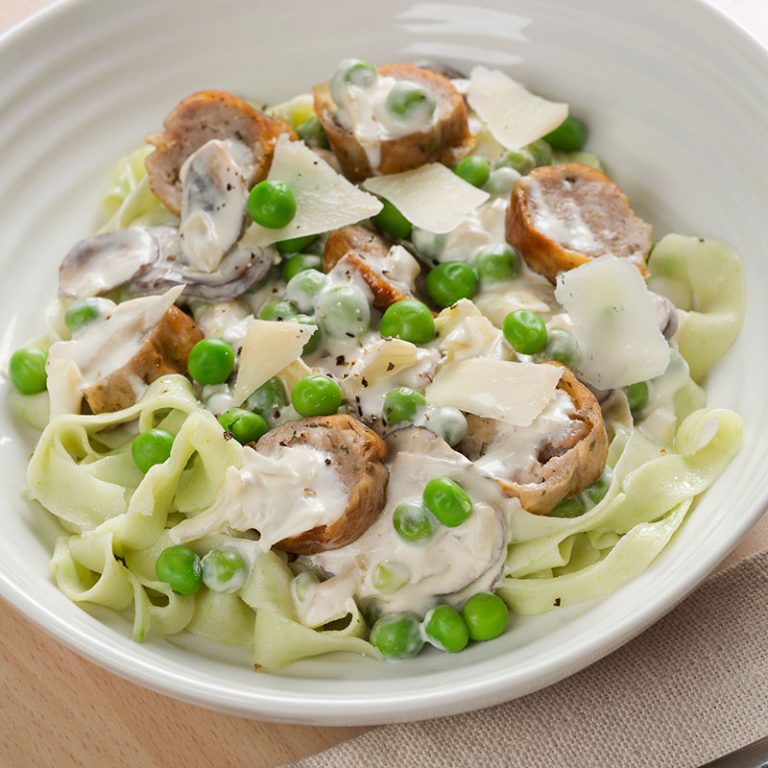 Homemade Pea Pasta Dough Cooked With Creamy Pea Mushroom And Sausage Sauce Yes Peas