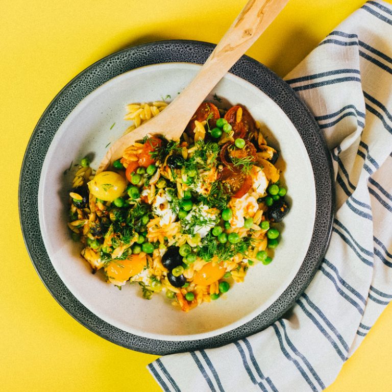 Greek Orzo and Peas with Baked Feta and Black Olives Yes Peas!